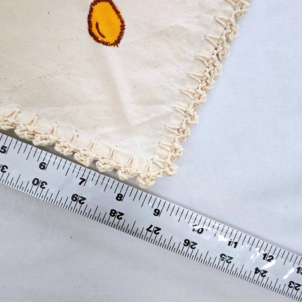 Vintage Embroidered Fruit Round Tablecloth and 6 Napkins Set Crochet Lace Trim
